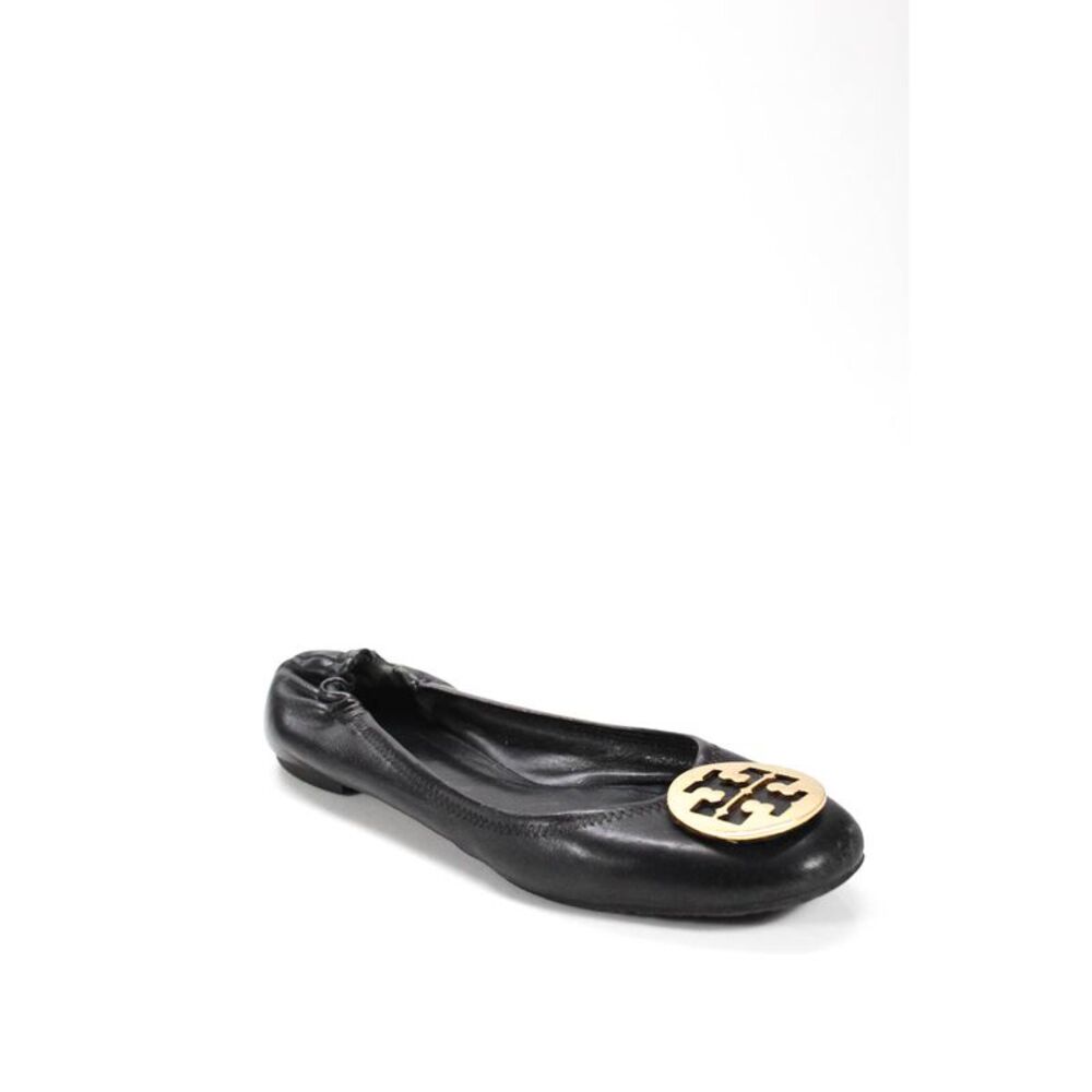 Tory Burch Womens Ballet Flats Size 10.5 Black Gold Reva Round Toe Leather